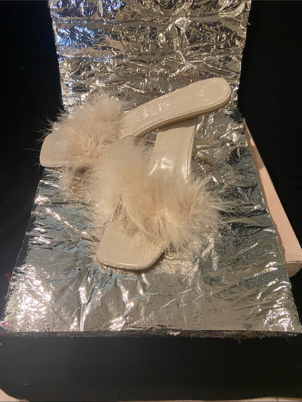 Feather Trim Slide Heels in Cream